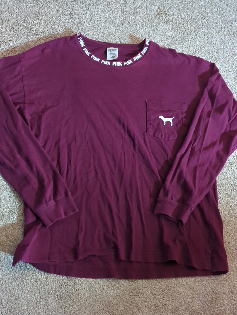 PINK Victoria's Secret Long Sleeve Pocket Tee - Burgundy with White Logo